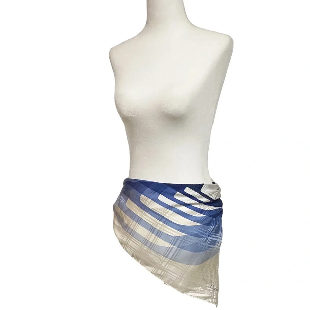 AUTHENTICATED DIOR Silk Scarf D Logo Navy Blue White Top Bandana Bag Sarong